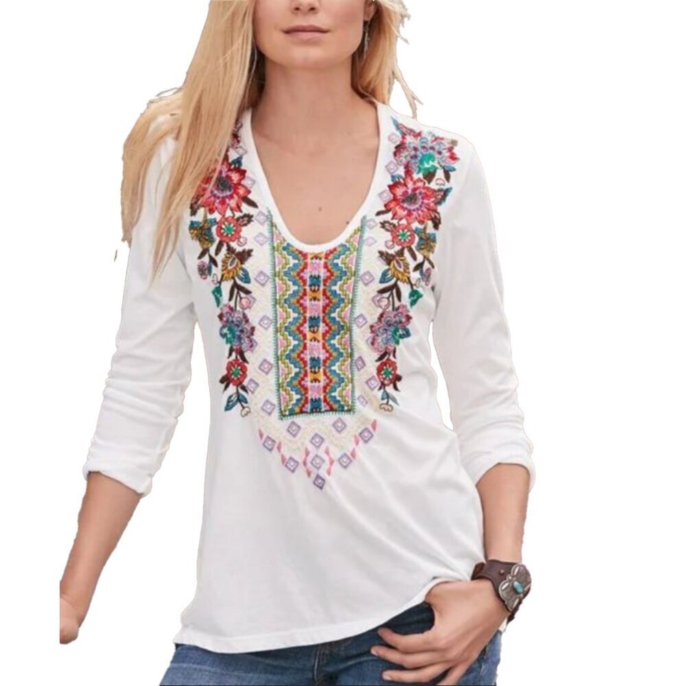 JOHNNY WAS Boho Embroided Colorful White Floral T-shirt Top S
